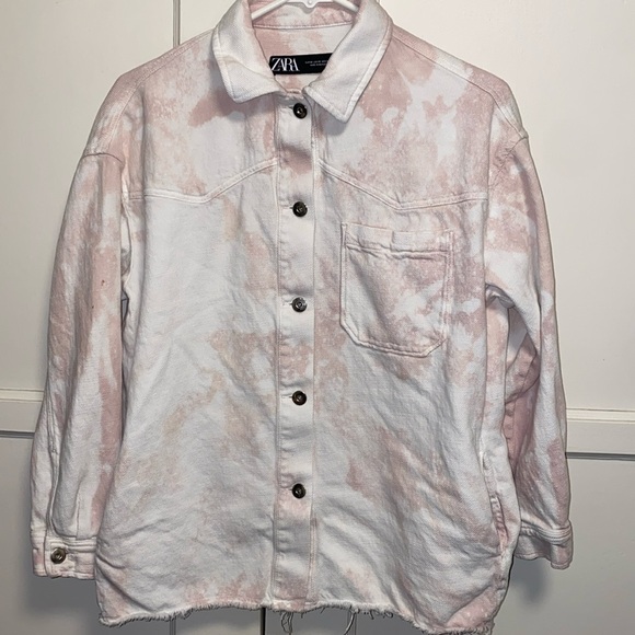 Zara Tops - Zara XS Pink White Bleach Dye Button Up Denim Shirt
